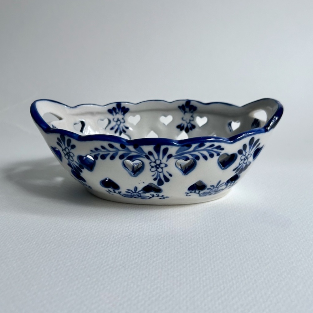 Vintage Delft Blue White Porcelain Dish with Reticulated Hearts